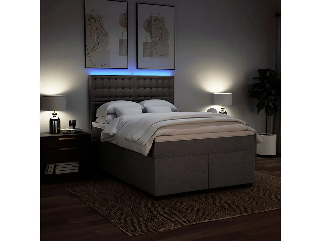 Cama box spring con colchón tela gris taupe 140x190 cm