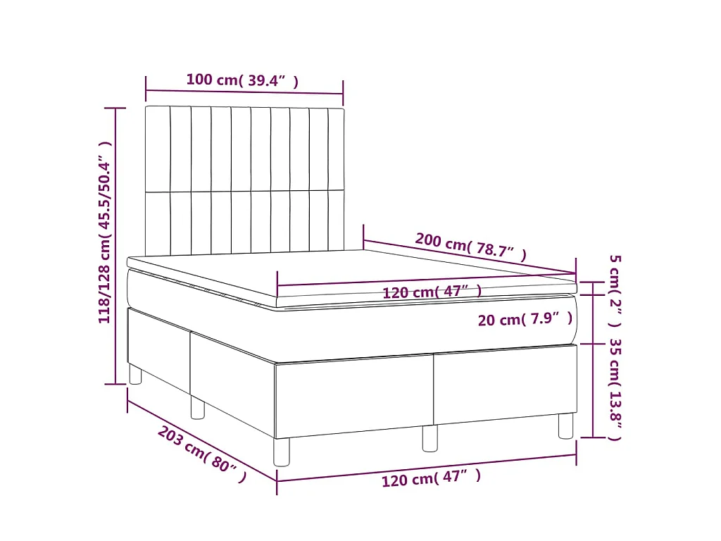 Cama box spring c/ colchão e LED 120x200 cm tecido cor creme