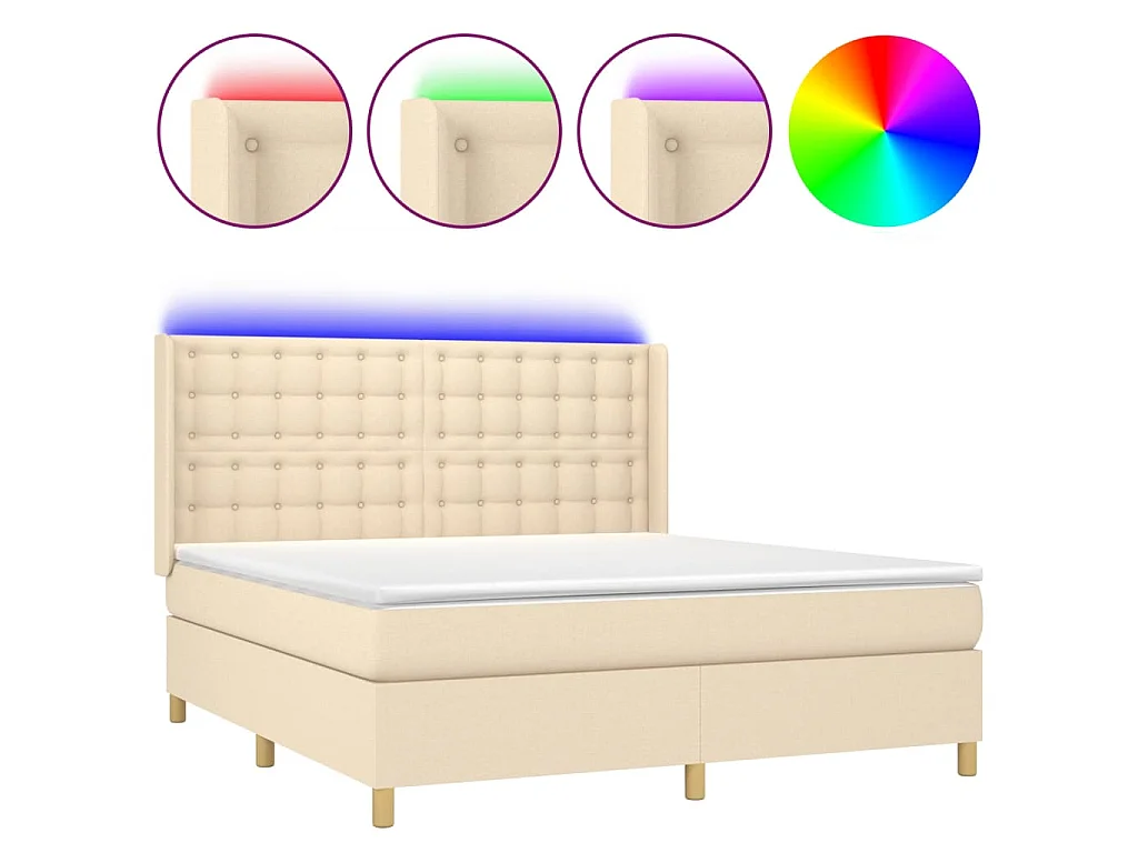 Cama box spring colchón y luces LED tela crema 180x200 cm