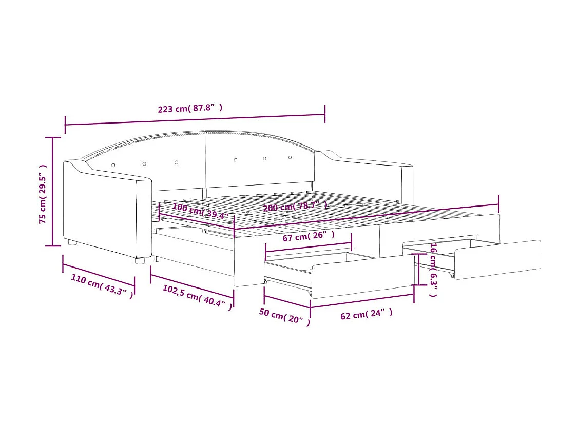 Tagesbett Ausziehbar mit Schubladen Dunkelgrau 100x200 cm Stoff