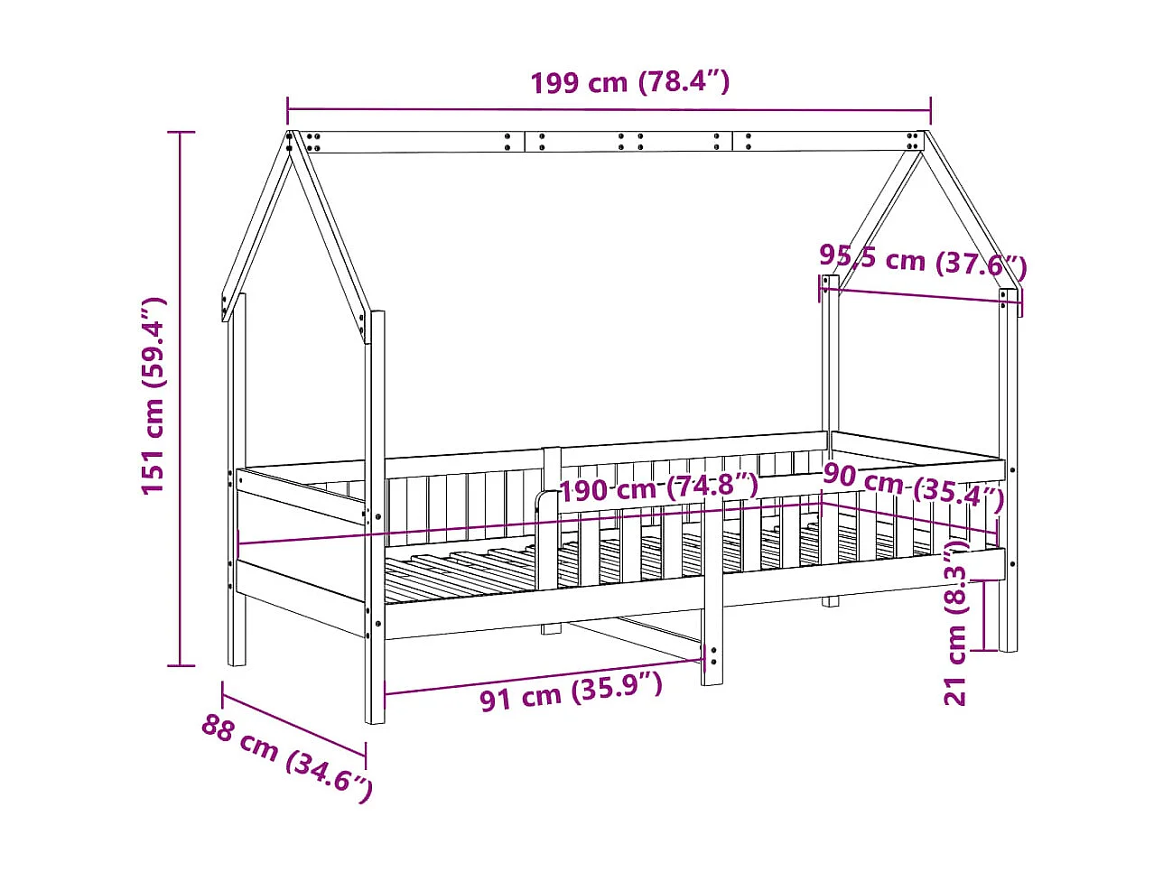 Cadre de lit d'enfants forme de maison sans matelas pin