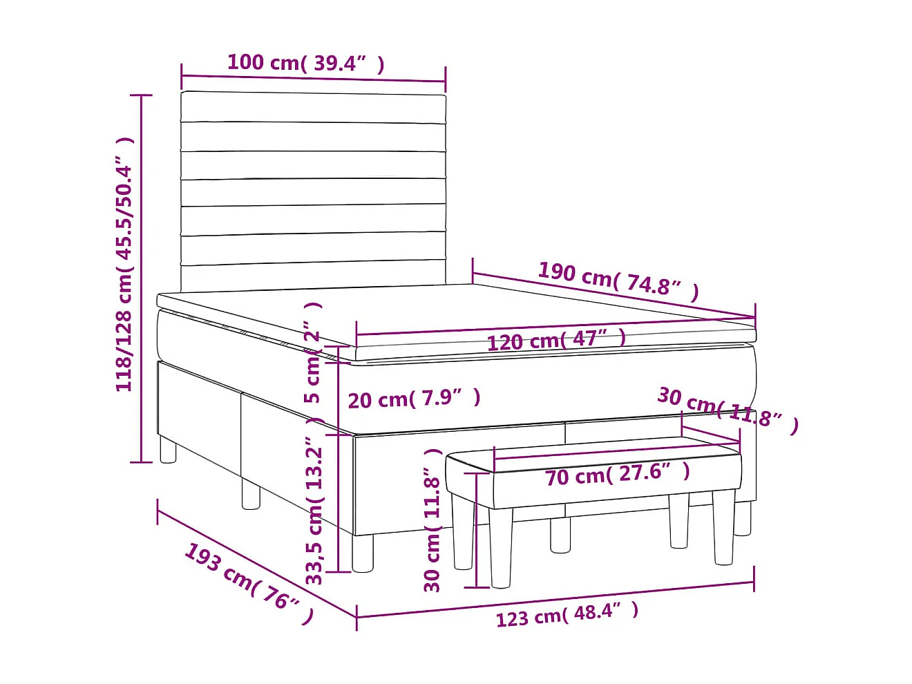 Cama boxspring com colchão 120x190 cm tecido cor creme