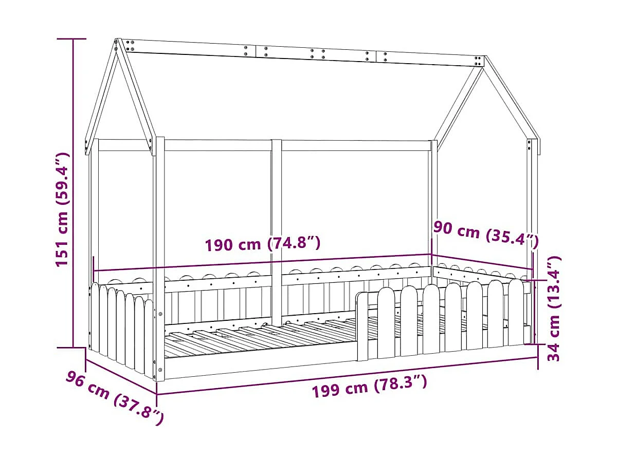 Cama infantil formato casa 90x190 cm madeira de pinho maciça