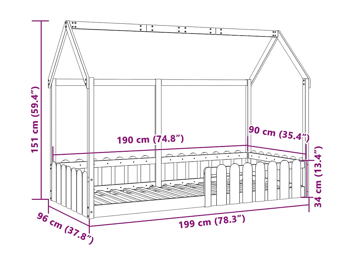 Cama infantil formato casa 90x190 cm madeira de pinho maciça
