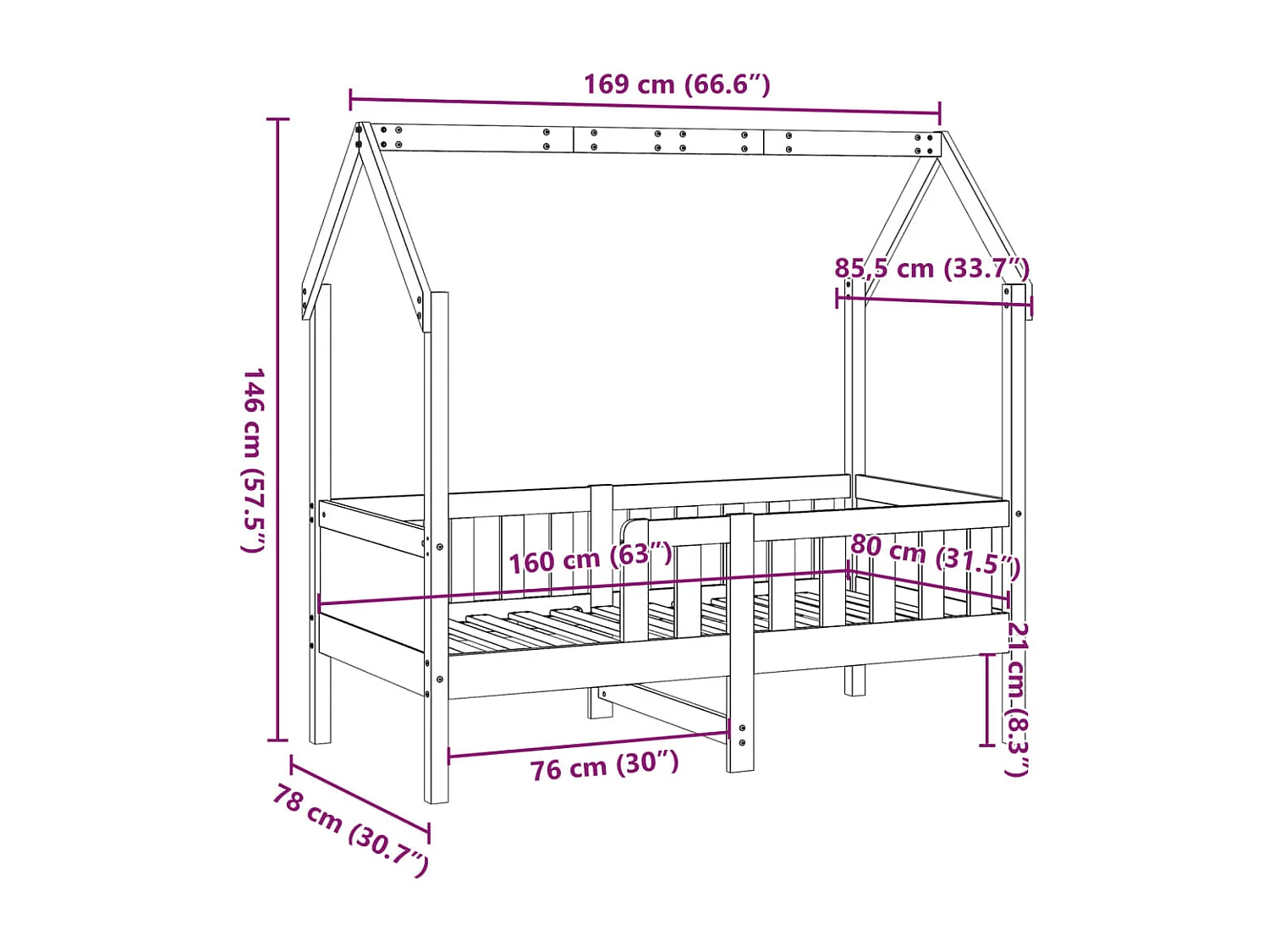 Cama infantil formato casa 80x160 cm madeira de pinho maciça