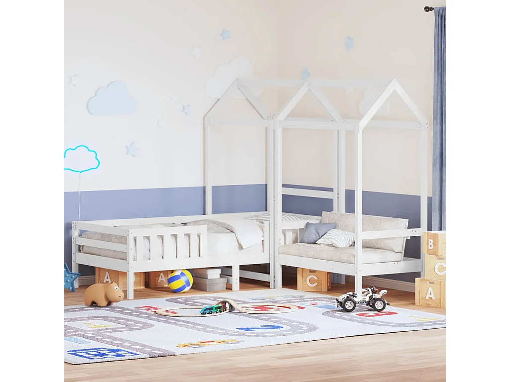 Kinderbed met huisje en bankje massief grenenhout wit 100x200cm