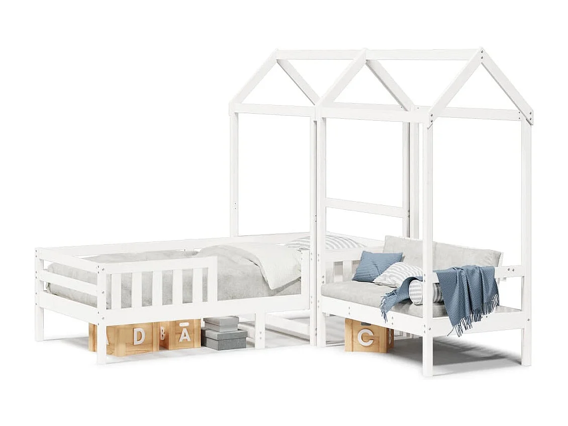 Kinderbed met huisje en bankje massief grenenhout wit 100x200cm