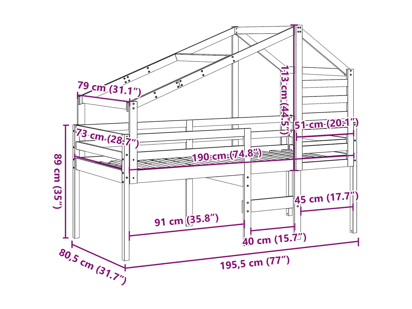 Lit haut sans matelas blanc 75x190 cm bois de pin massif