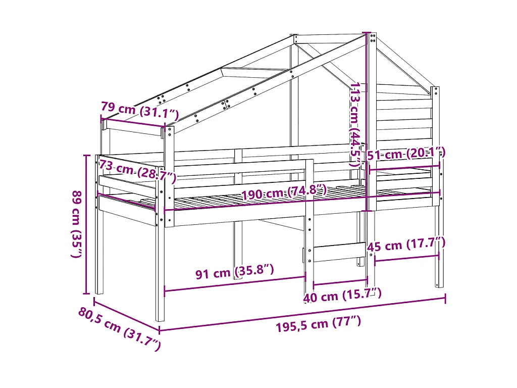 Hoogslaper met bedhuis 75x190 cm massief grenenhout wit