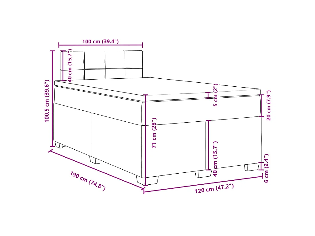 Cama box spring con colchón terciopelo gris oscuro 120x190 cm