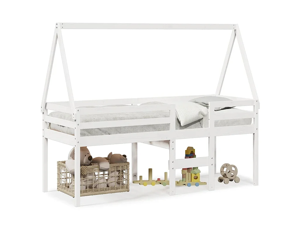 Letto a Soppalco con Tetto Bianco 75x190 cm in Legno di Pino