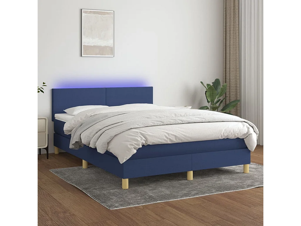 Cama box spring colchón y luces LED tela azul 140x190 cm