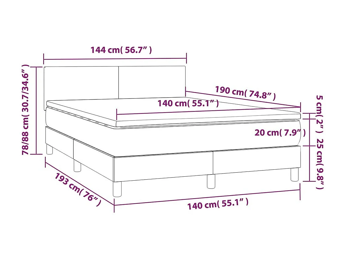 Cama box spring colchón y luces LED tela azul 140x190 cm