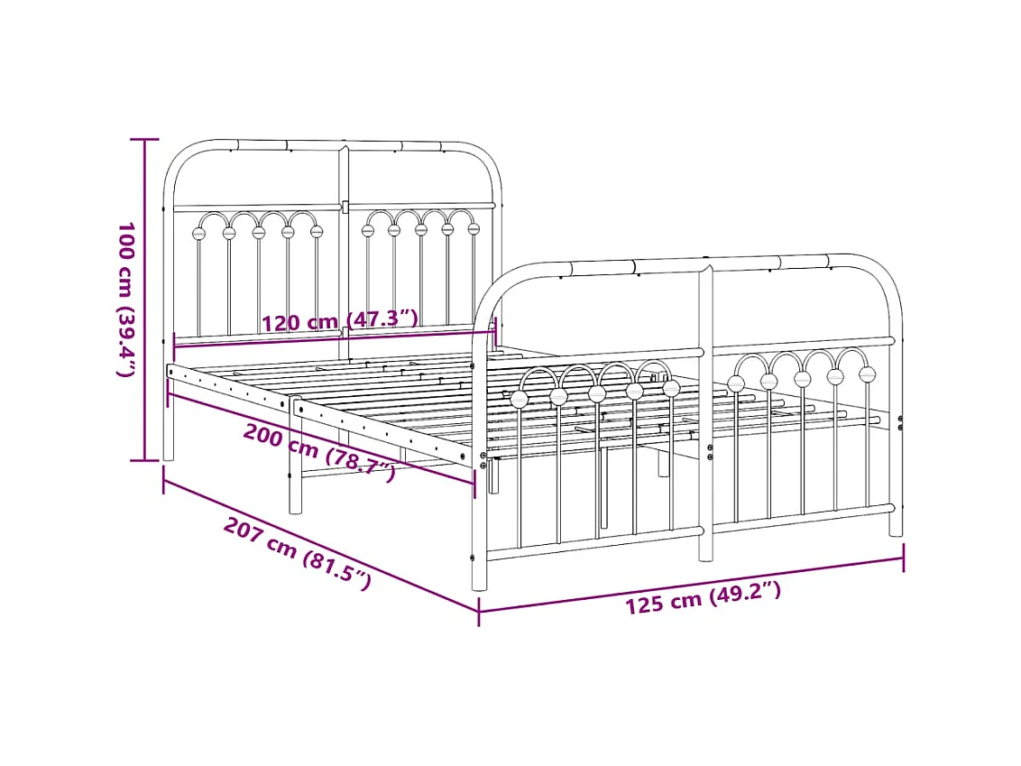 Cadre de lit métal sans matelas et pied de lit blanc 120x200 cm
