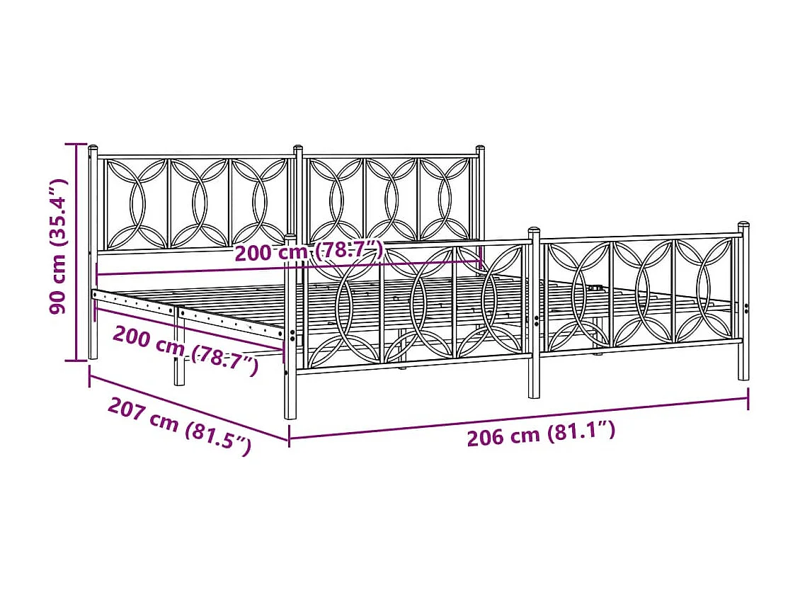 Cadre de lit métal sans matelas et pied de lit blanc 200x200 cm
