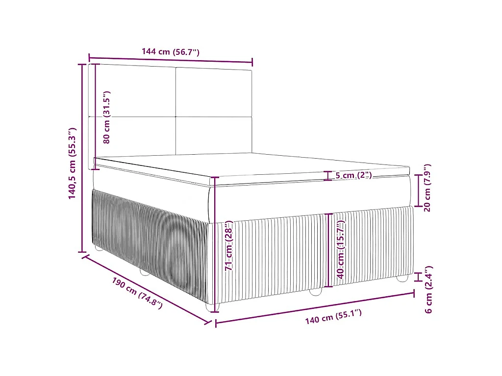 Cama box spring con colchón terciopelo gris oscuro 140x190 cm