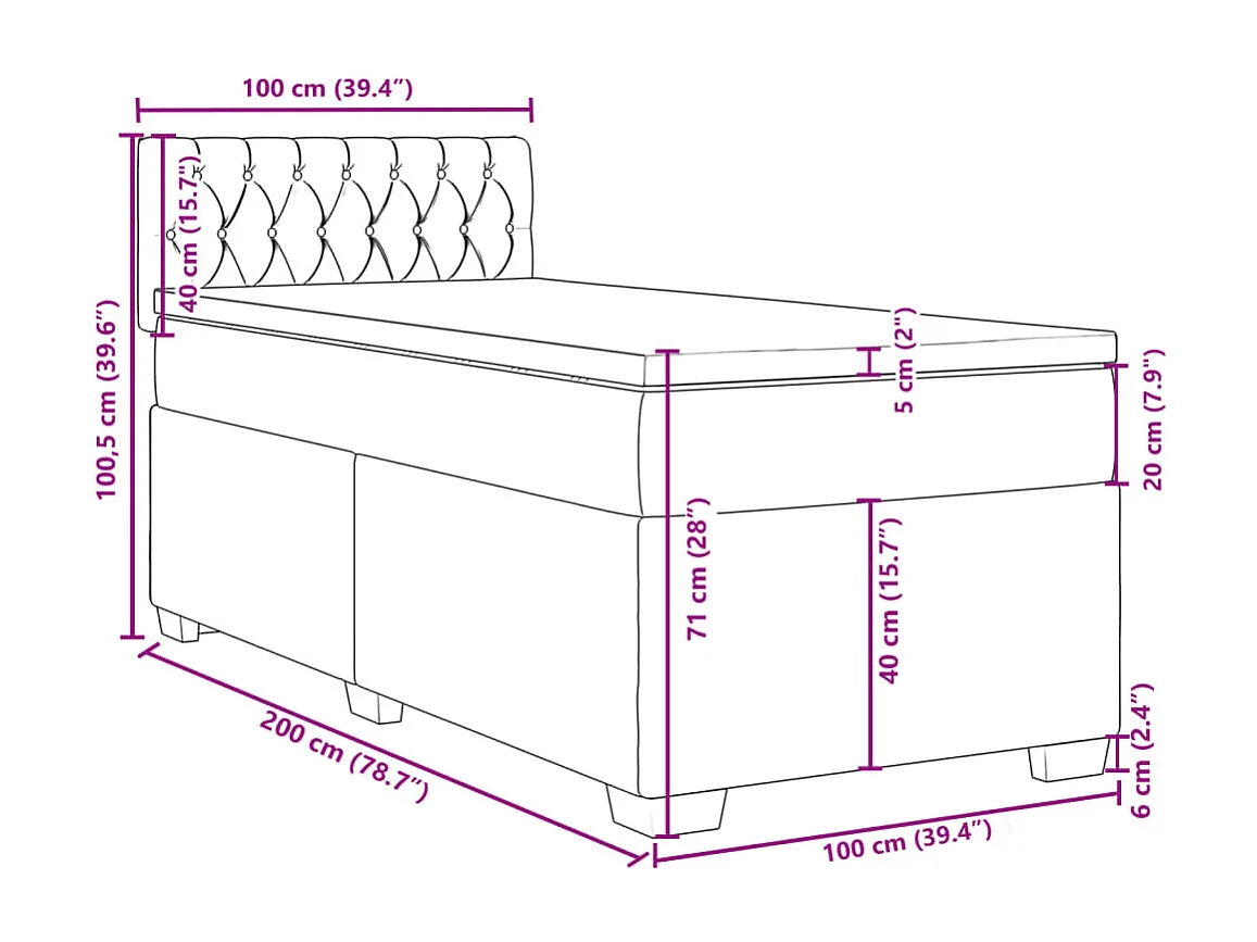 Cama box spring con colchón tela negro 100x200 cm