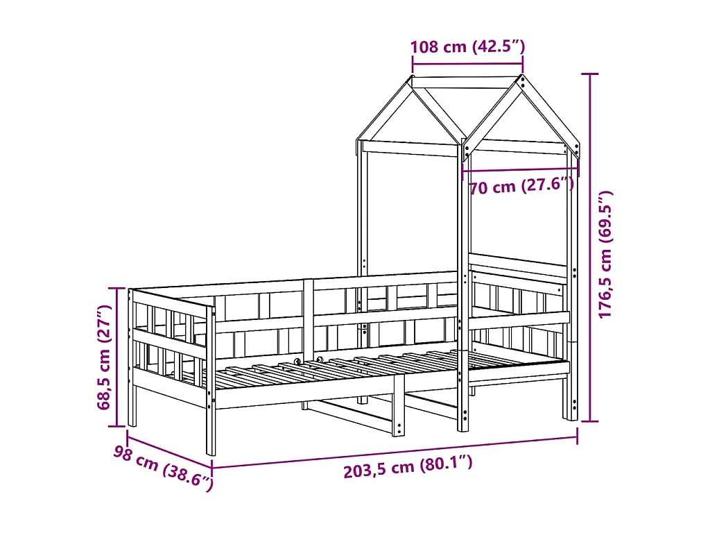 Lit de jour avec toit sans matelas 90x200 cm bois massif