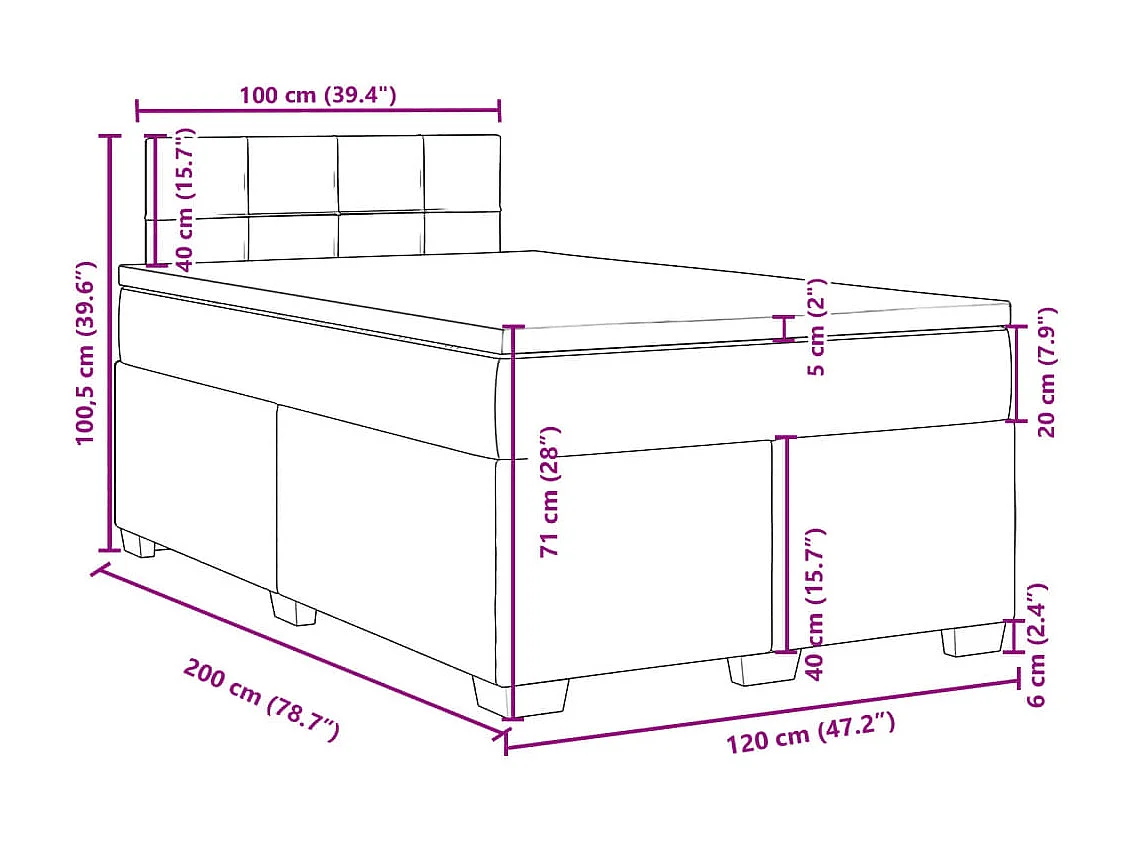 Cama box spring con colchón terciopelo gris oscuro 120x200 cm
