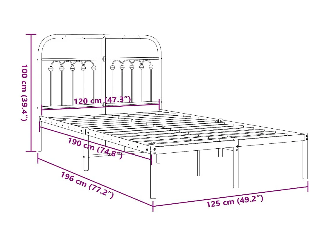 Cadre de lit métal sans matelas avec tête de lit noir 120x190cm