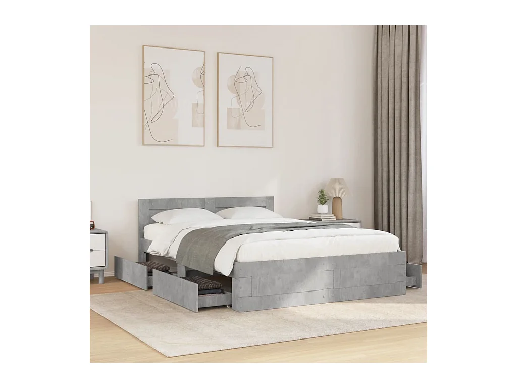 Cadre de lit et tête de lit sans matelas gris béton 135x190 cm