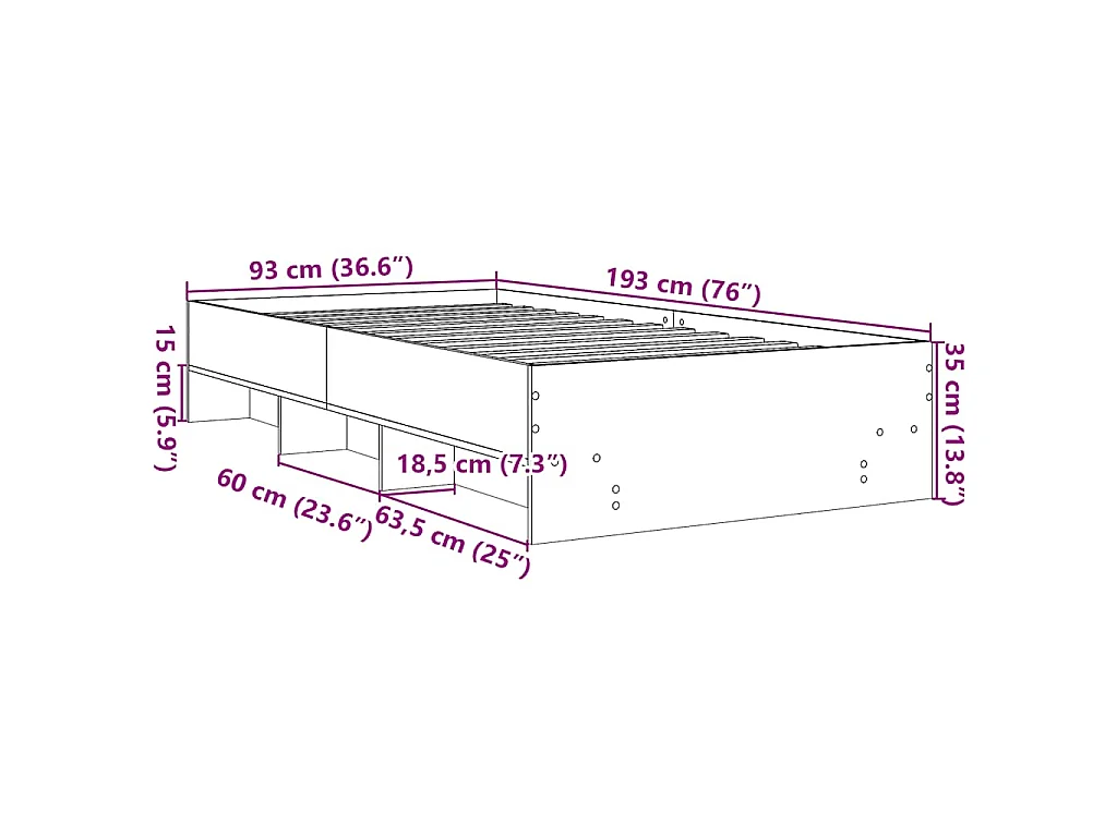 Bedframe bewerkt hout wit 90x190 cm