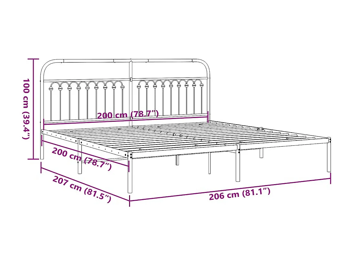 Bedframe met hoofdbord metaal zwart 200x200 cm