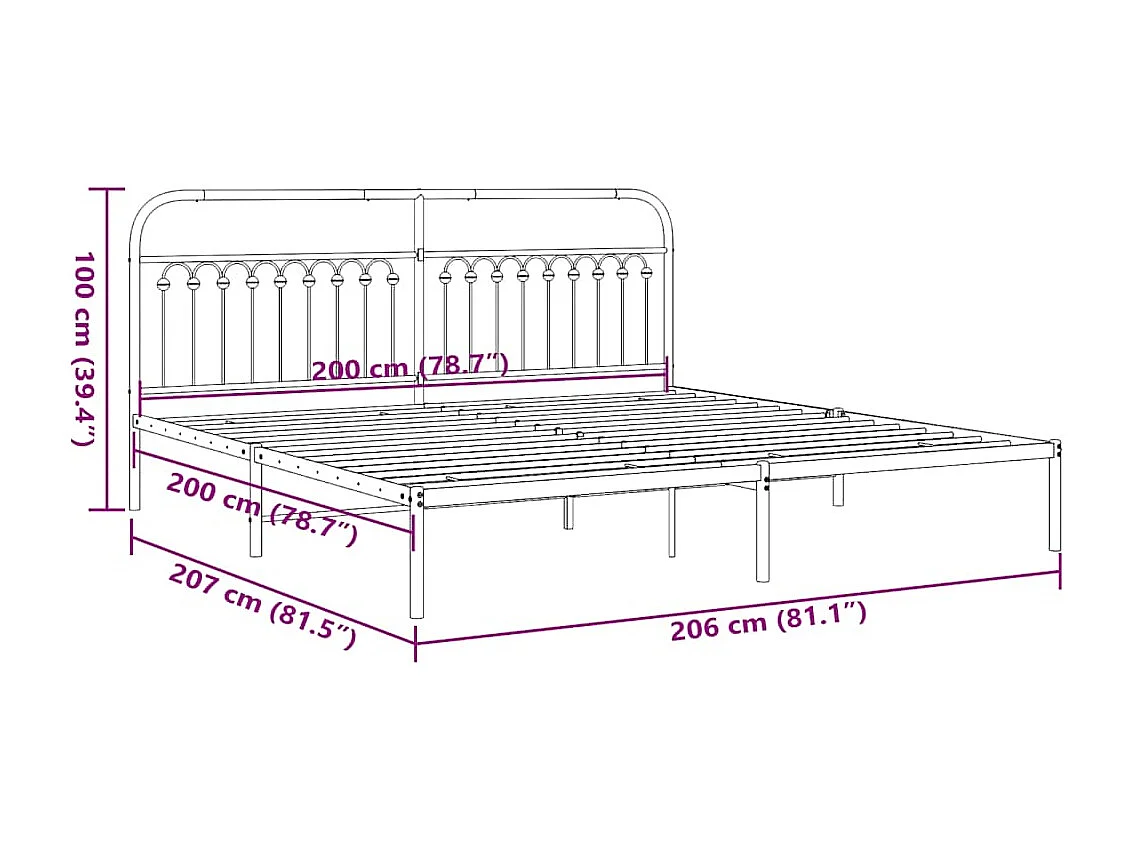 Cadre de lit métal sans matelas avec tête de lit noir 200x200cm