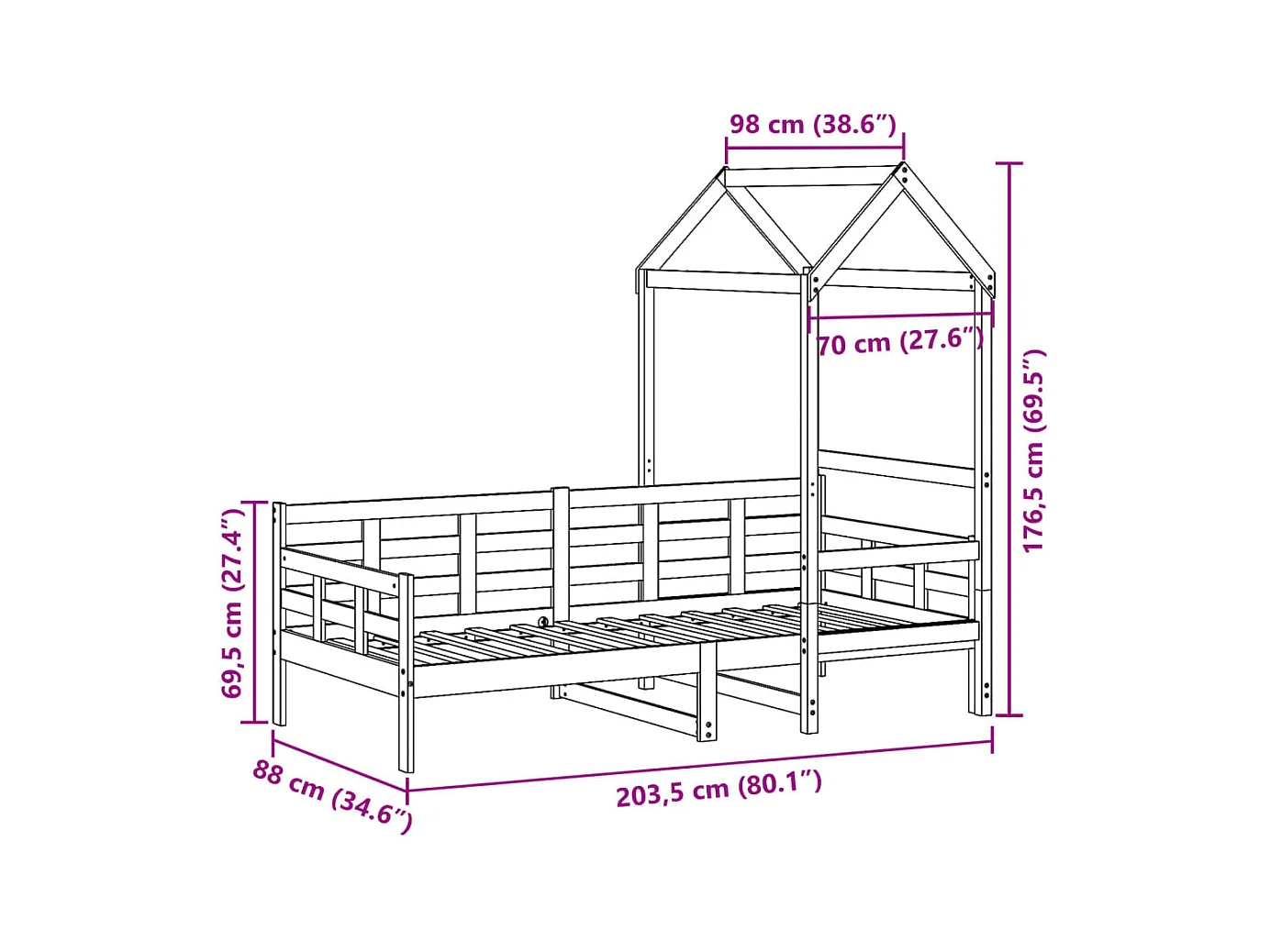 Slaapbank met bedhuis 80x200 cm massief grenenhout wit