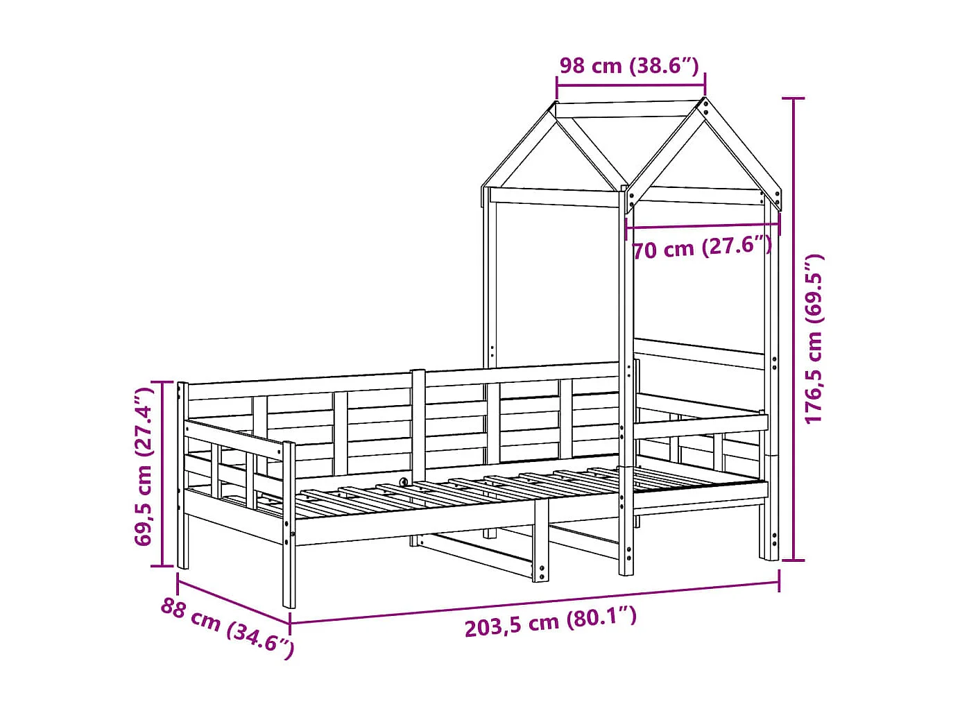 Lit de jour avec toit sans matelas blanc 80x200 cm bois massif
