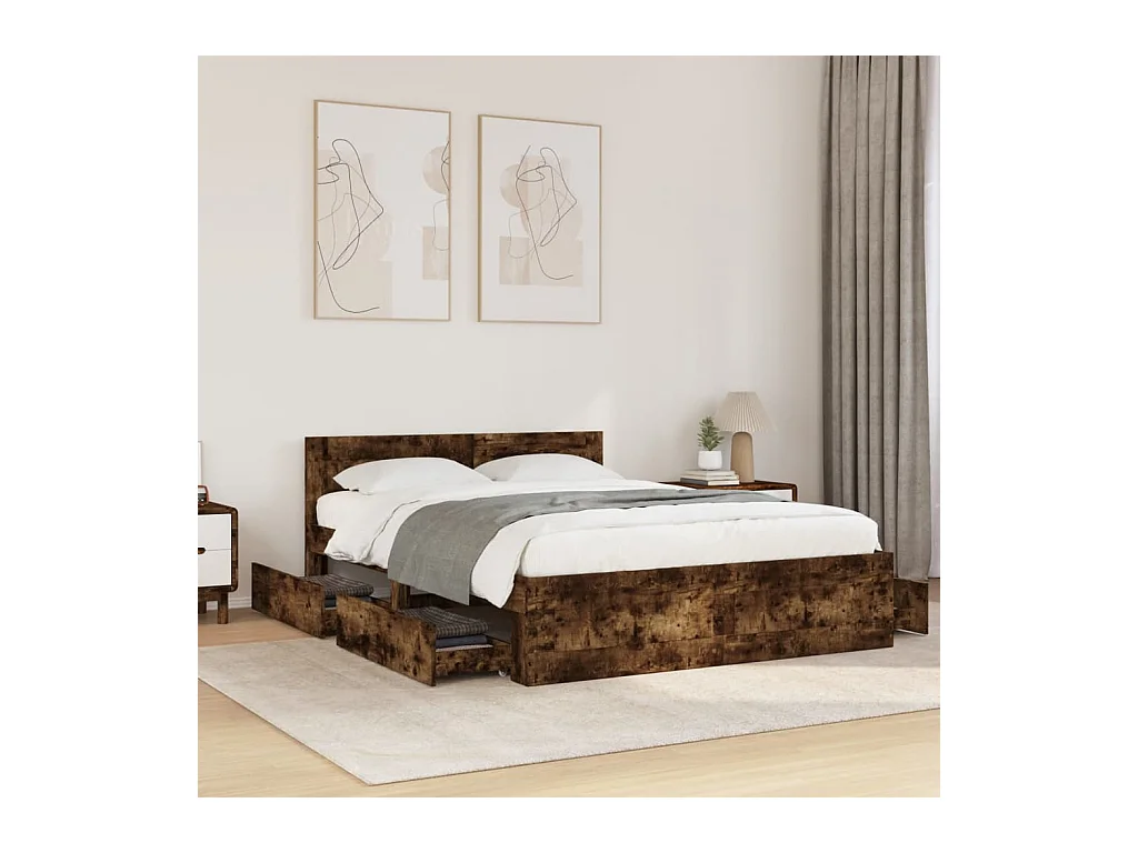 Cadre de lit et tête de lit sans matelas chêne fumé 135x190 cm