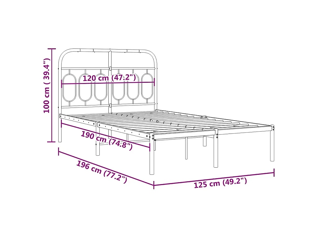 Cadre de lit métal sans matelas avec tête de lit noir 120x190cm