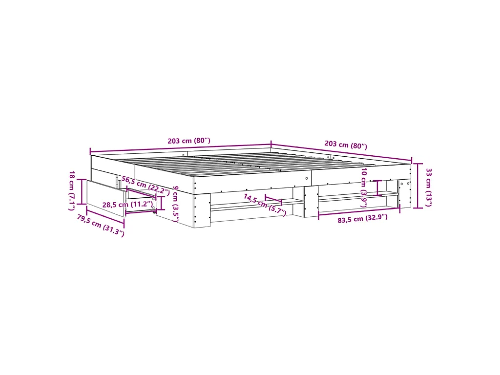 Cadre de lit sans matelas gris béton 200x200 cm bois ingénierie