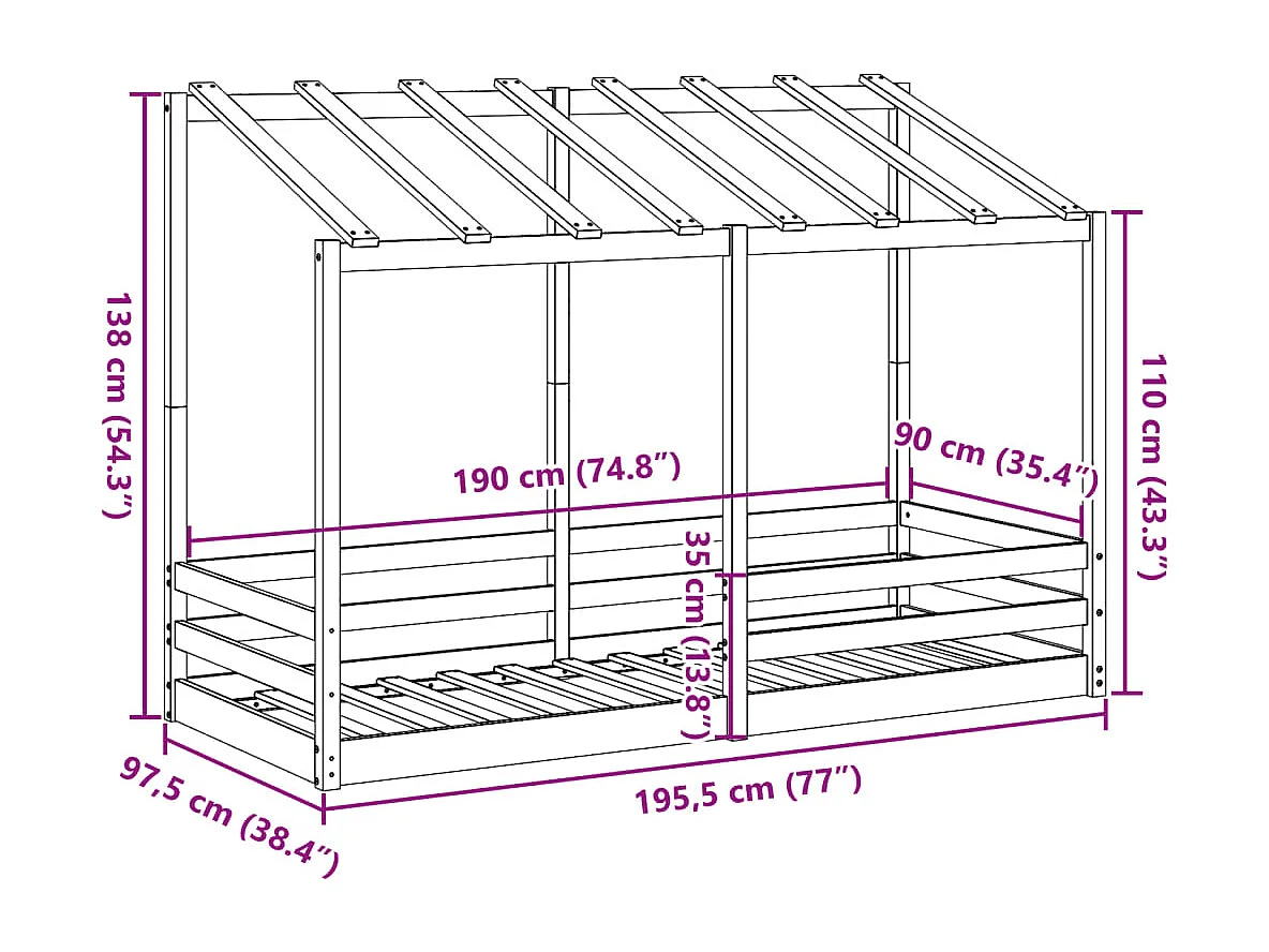 Lit pour enfants sans matelas 90x190 cm bois pin massif