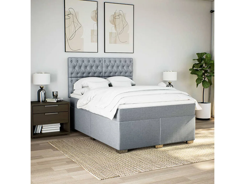 Cama box spring con colchón tela gris claro 140x190 cm