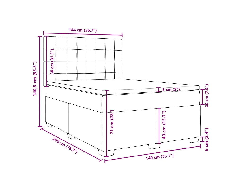 Cama box spring con colchón tela marrón oscuro 140x200 cm