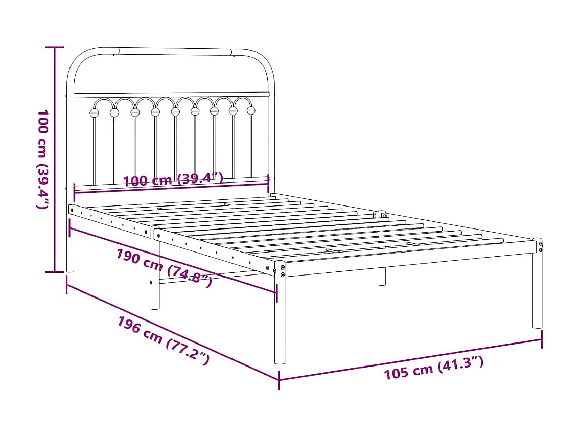 Cadre de lit métal sans matelas et tête de lit blanc 100x190 cm