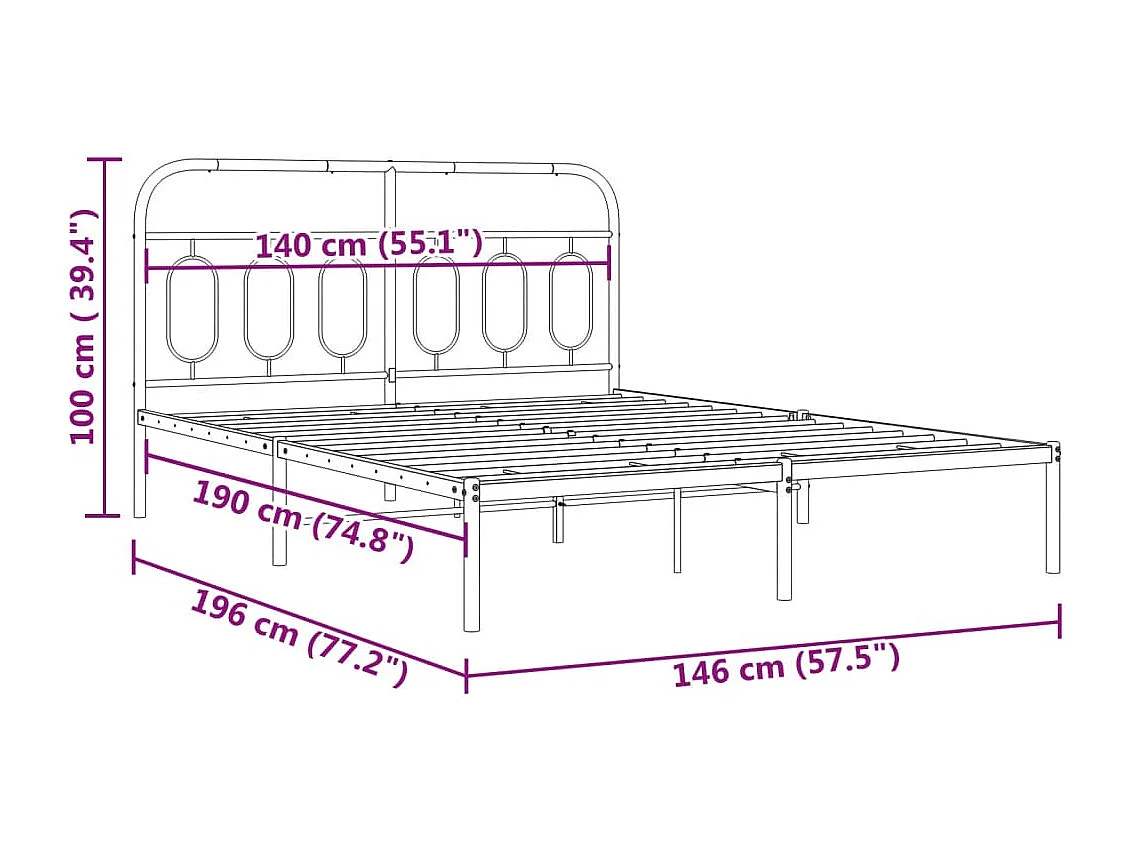 Bedframe met hoofdbord metaal zwart 140x190 cm