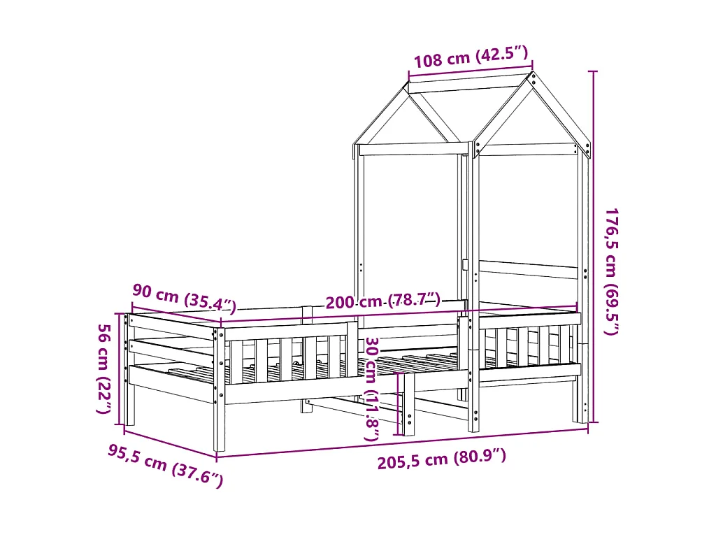 Cadre de lit avec toit sans matelas cire marron 90x200 cm