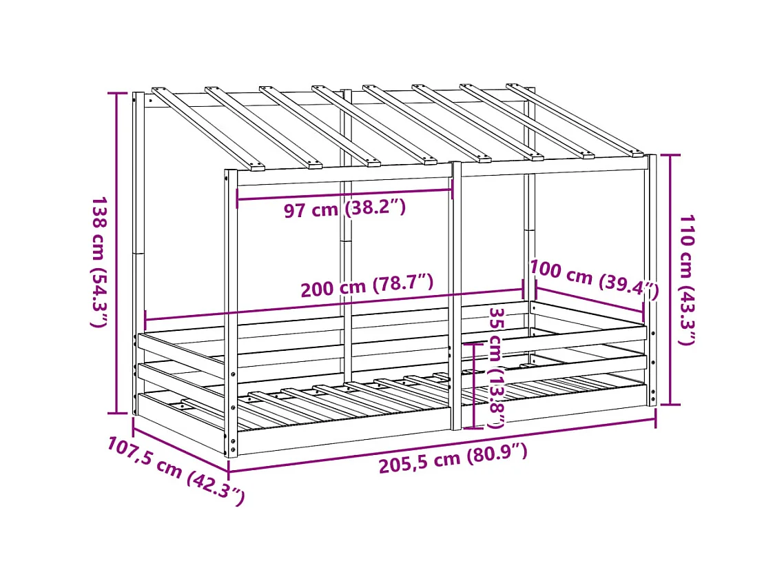 Kinderbed met bedhuis 100x200 cm massief grenenhout wasbruin