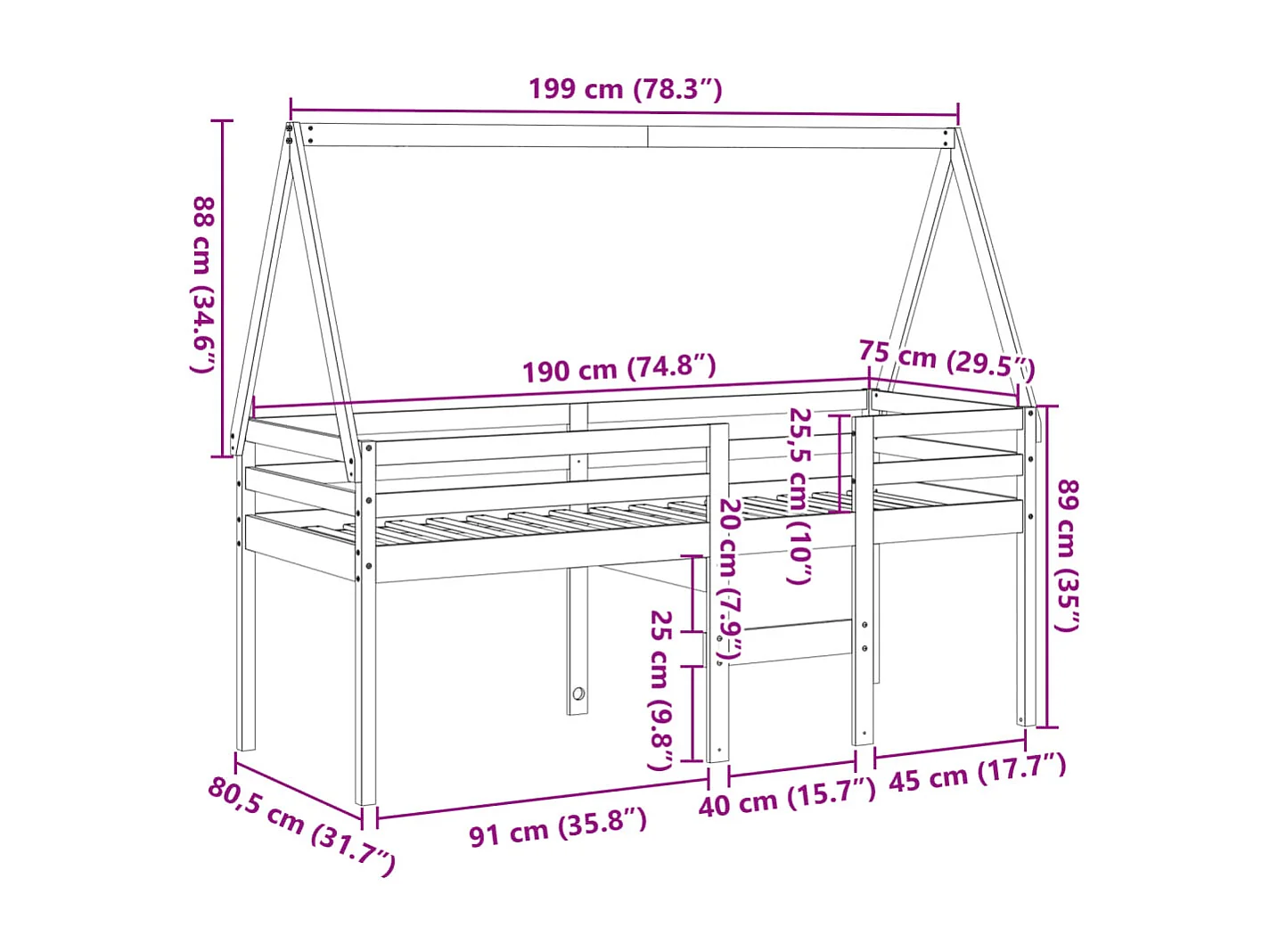 Hoogslaper met dak massief grenenhout wasbruin 75x190 cm