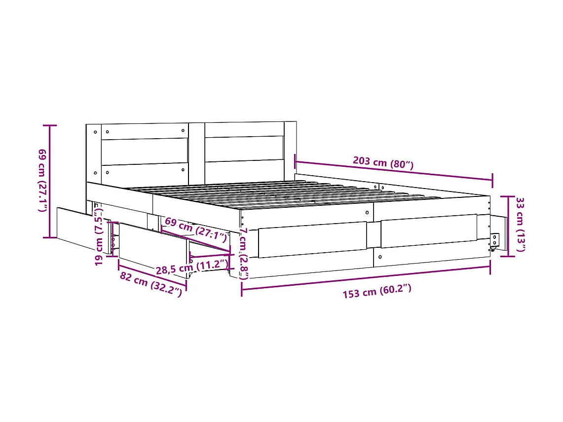 Cadre de lit et tête de lit sans matelas gris béton 150x200 cm