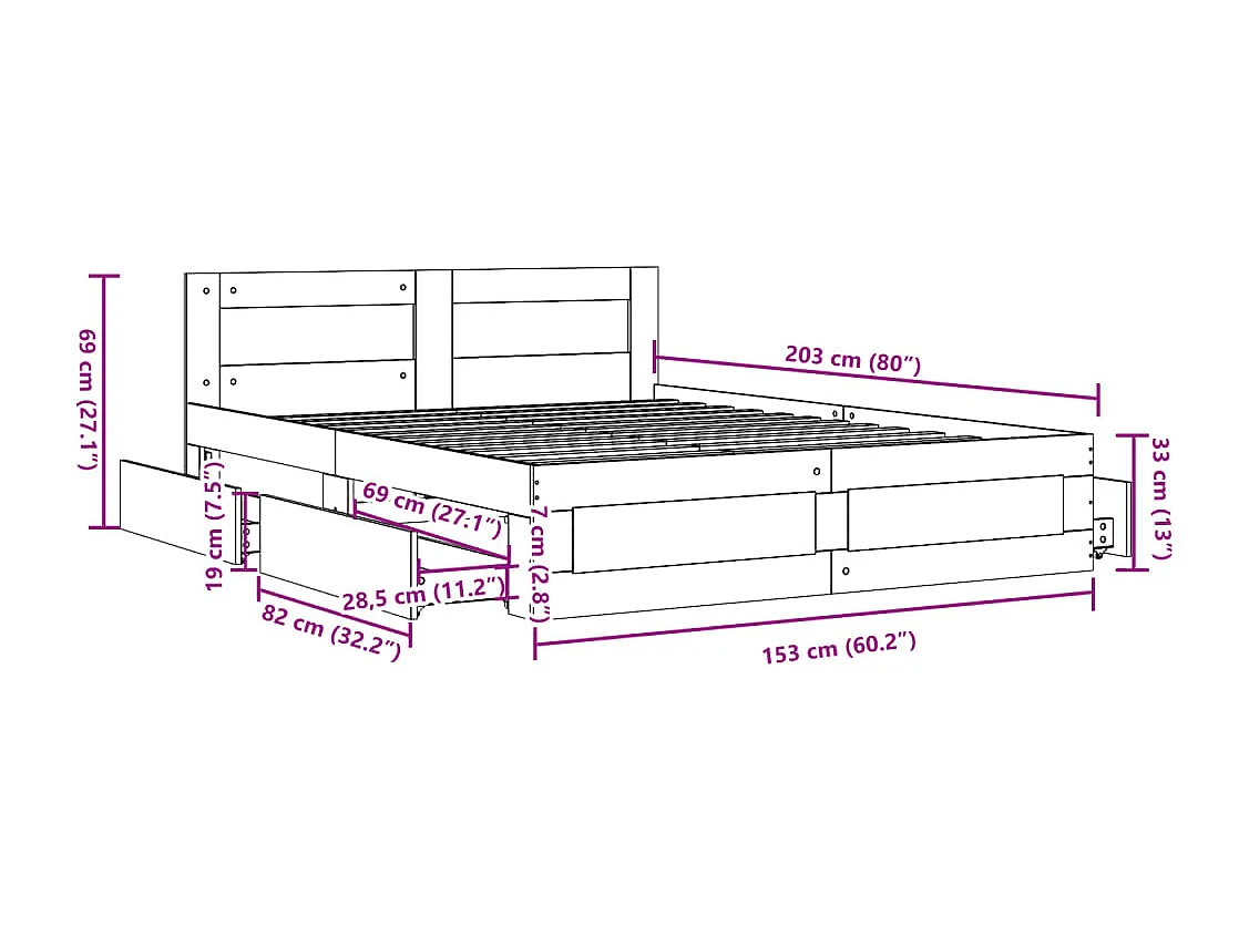 Cadre de lit et tête de lit sans matelas gris béton 150x200 cm