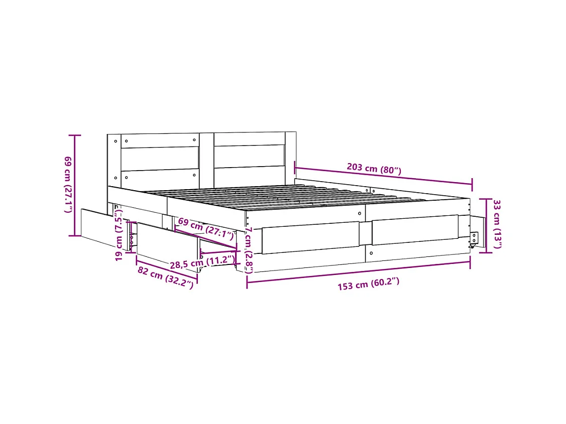 Cadre de lit et tête de lit sans matelas gris béton 150x200 cm