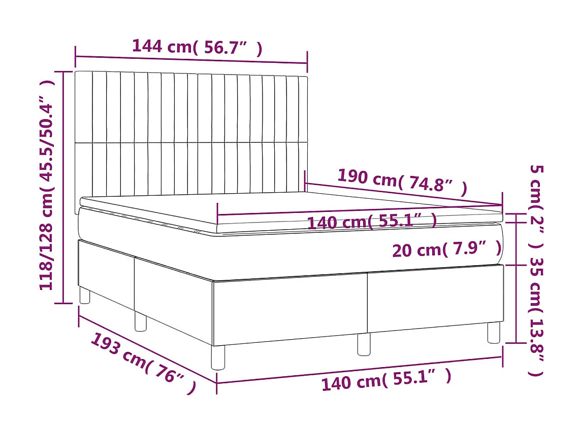 Letto a Molle Materasso e LED Grigio Scuro 140x190cm in Tessuto