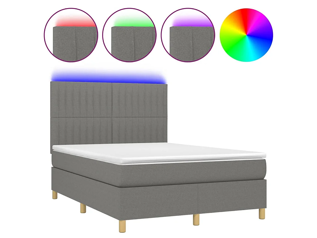 Cama box spring c/ colchão e LED 140x190 cm tecido cinza-escuro