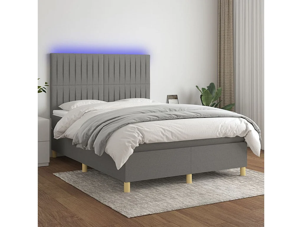 Cama box spring c/ colchão e LED 140x190 cm tecido cinza-escuro