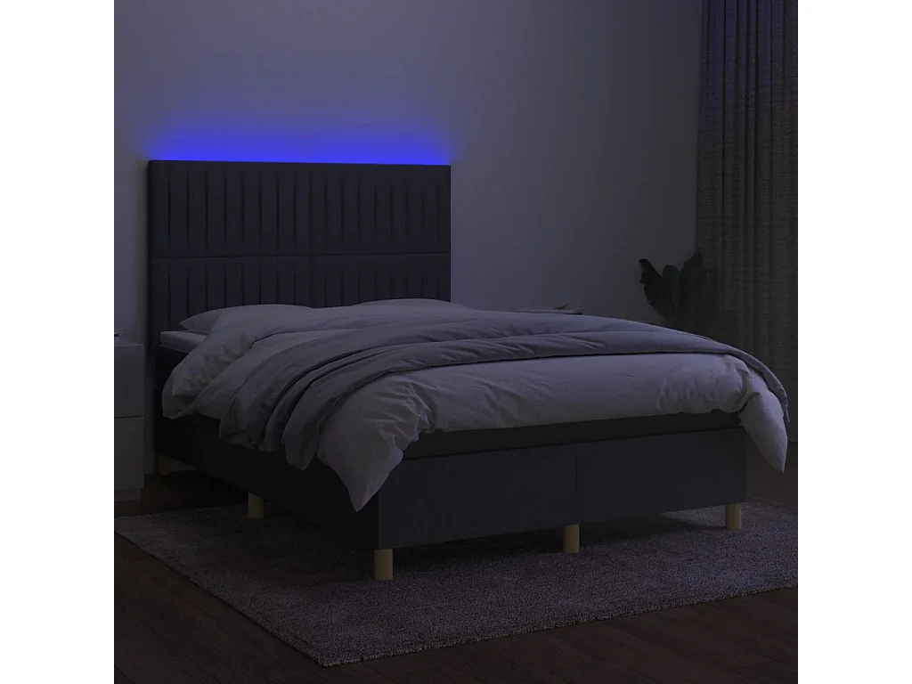 Cama box spring c/ colchão e LED 140x190 cm tecido cinza-escuro