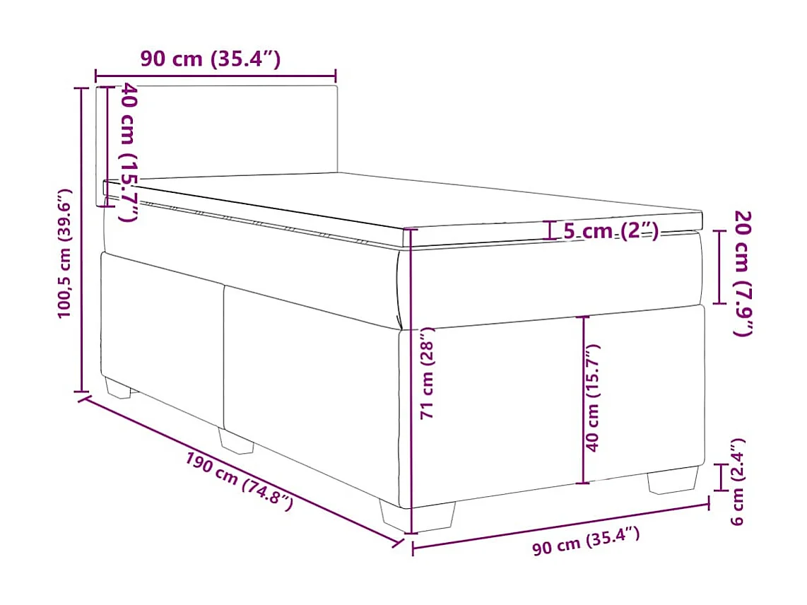 Cama box spring con colchón terciopelo azul 90x190 cm
