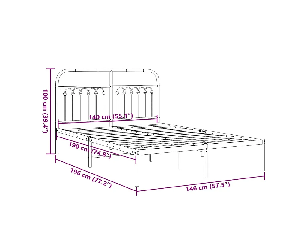 Bedframe met hoofdbord metaal wit 140x190 cm